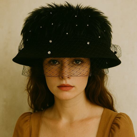 Vintage 80s Essence Hat Black Feathered Wide Brimmed Derby Church Hat - Picture 1 of 9